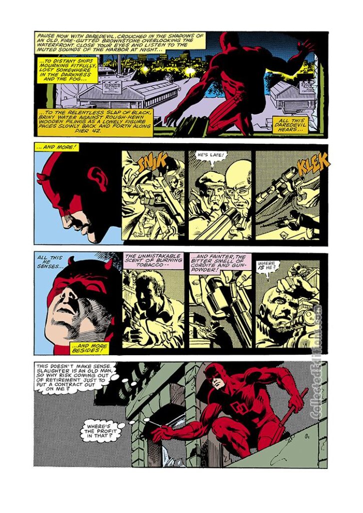 Daredevil #159, pg. 8; pencils, Frank Miller; inks, Klaus Janson; Matt Murdock, blind, radar sense, Slaughter