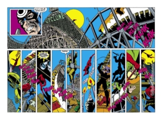 Daredevil #161, pgs. 6-7; pencils, Frank Miller; inks, Klaus Janson; Bullseye, Black Widow, Cyclone roller coaster, Coney Island; double-page spread