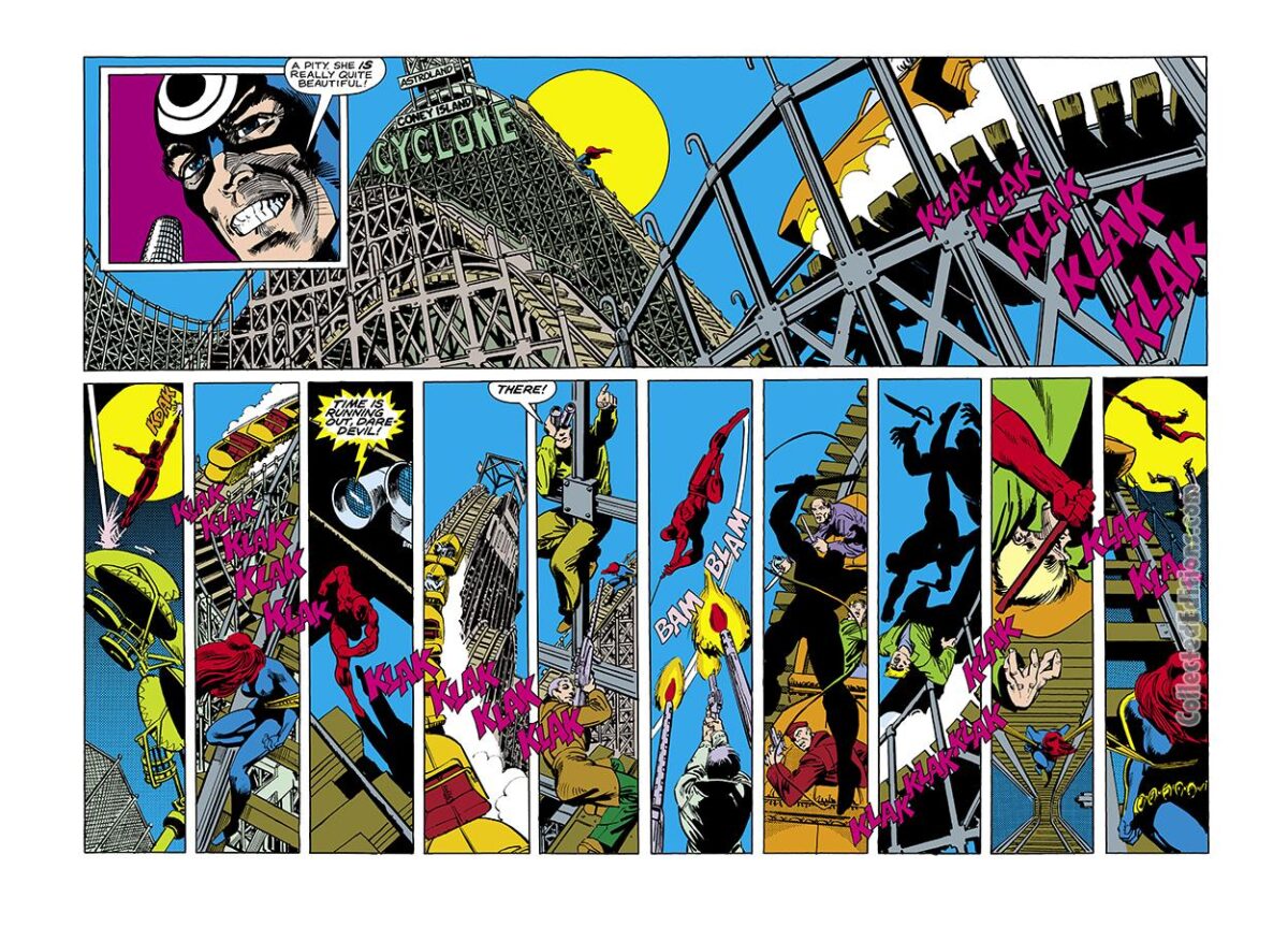 Daredevil #161, pgs. 6-7; pencils, Frank Miller; inks, Klaus Janson; Bullseye, Black Widow, Cyclone roller coaster, Coney Island; double-page spread