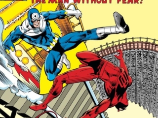 Daredevil #161 cover; pencils, Frank Miller; inks, Klaus Janson; Bullseye, Coney Island Cyclone, rollercoaster, Black Widow