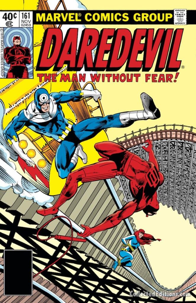 Daredevil #161 cover; pencils, Frank Miller; inks, Klaus Janson; Bullseye, Coney Island Cyclone, rollercoaster, Black Widow