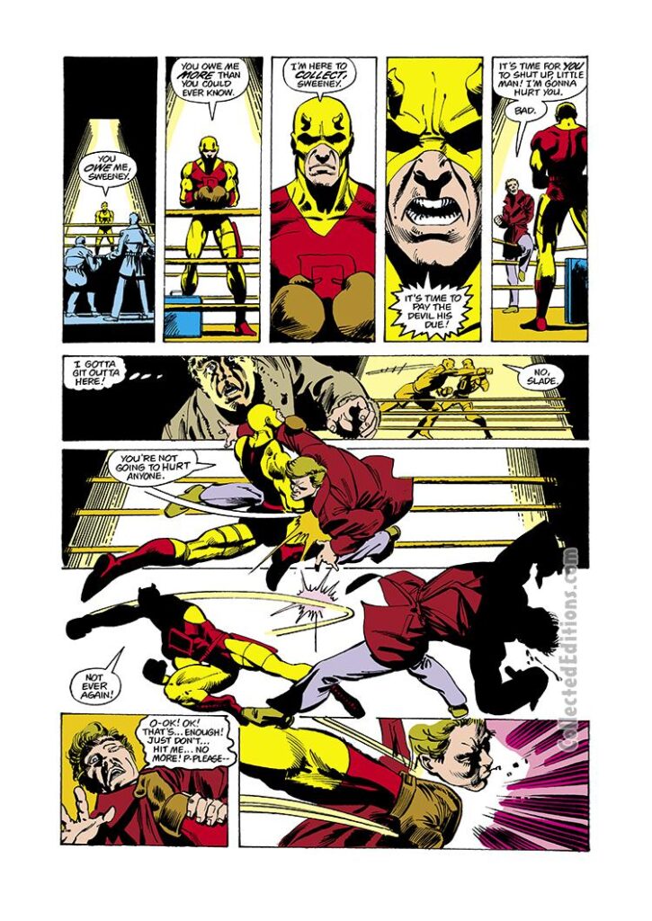 Daredevil #164, pg. 15; pencils, Frank Miller; inks, Klaus Janson; yellow costume, flashback, Matt Murdock&#039;s father Battlin&#039; Jack Murdock, boxer, boxing ring, Maggia crime ring