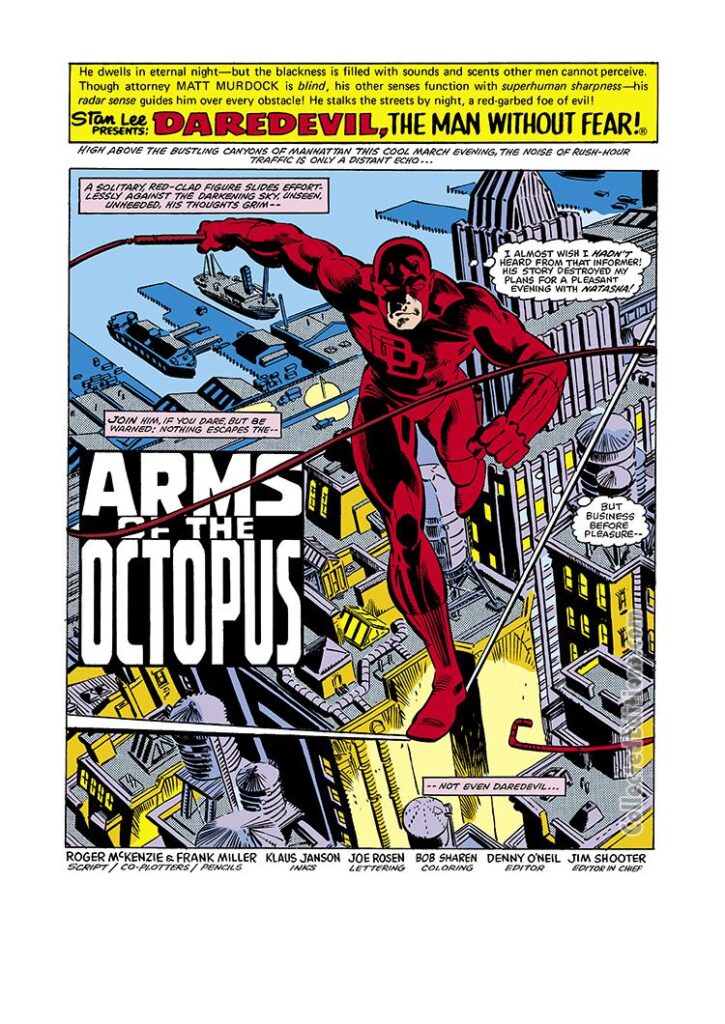 Daredevil #165, pg. 1; pencils, Frank Miller; inks, Klaus Janson; Roger McKenzie splash page, Arms of the Octopus