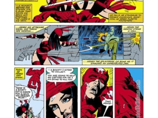 Daredevil #168, pg. 5; pencils, Frank Miller; inks, Klaus Janson; first appearance of Elektra Natchios, assassin, sai blade, Matt Murdock