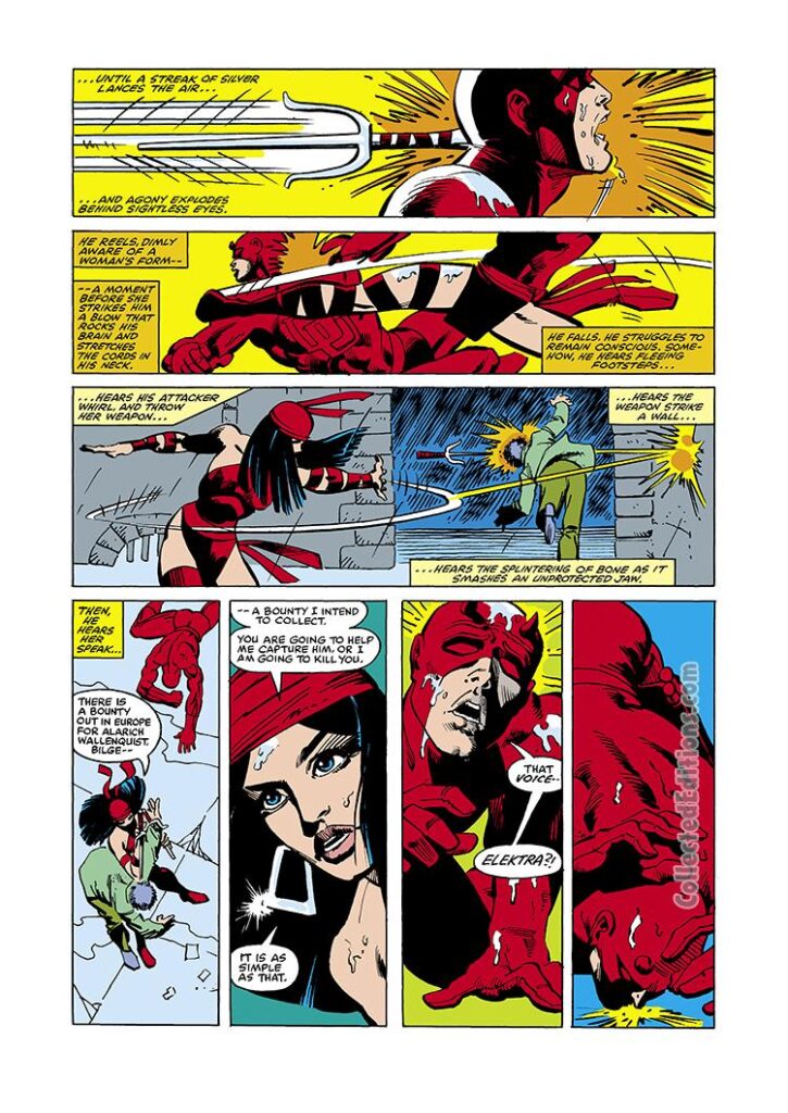 Daredevil #168, pg. 5; pencils, Frank Miller; inks, Klaus Janson; first appearance of Elektra Natchios, assassin, sai blade, Matt Murdock