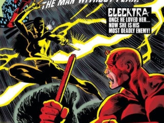 Daredevil #168 cover; pencils, Frank Miller; inks, Klaus Janson; Elektra Natchios, first appearance, Elecktra mispelling, Stick