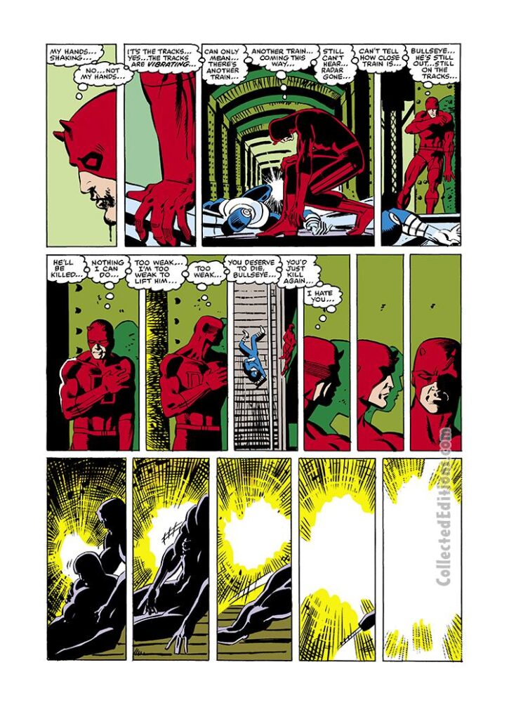 Daredevil #169, pg. 21; pencils, Frank Miller; inks, Klaus Janson; Matt Murdock, Bullseye, train tracks