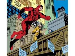 Daredevil #170, pg. 1; pencils, Frank Miller; inks, Klaus Janson; The Kingpin Must Die billboard, writer