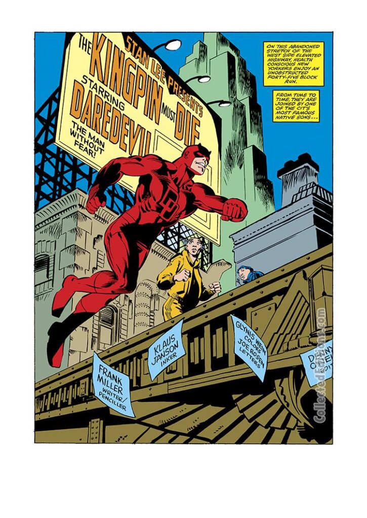 Daredevil #170, pg. 1; pencils, Frank Miller; inks, Klaus Janson; The Kingpin Must Die billboard, writer