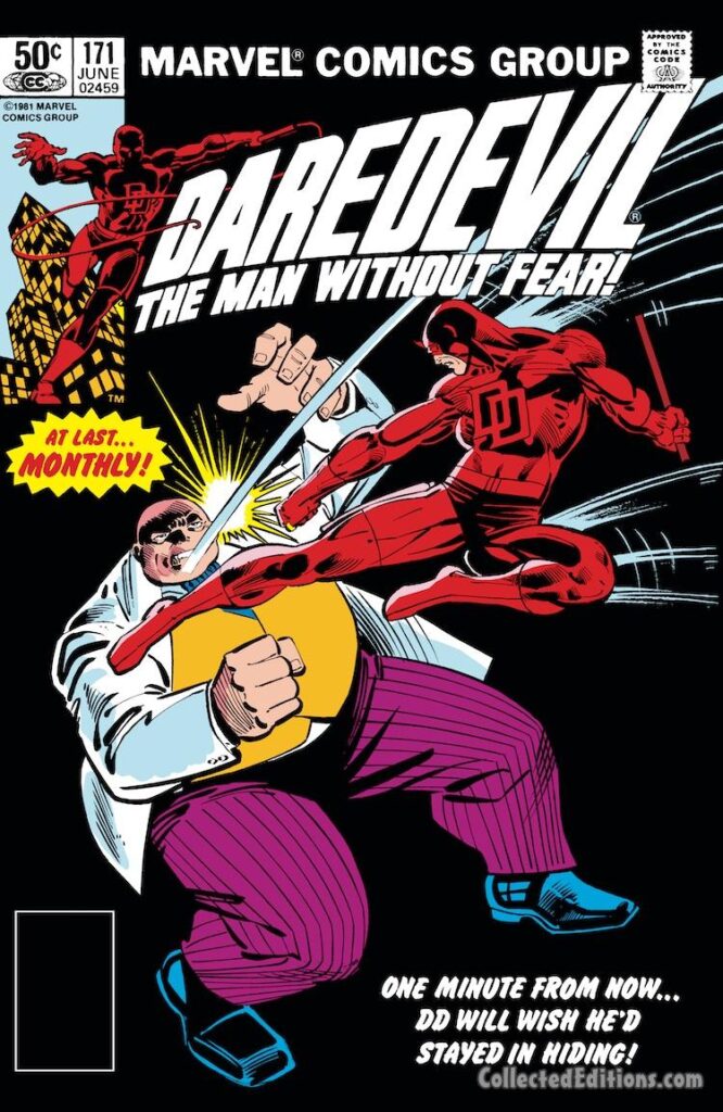 Daredevil #171 cover; pencils, Frank Miller; inks, Klaus Janson; Kingpin, Wilson Fisk, At Last Monthly, One Minute From Now