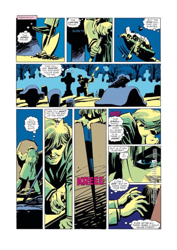Daredevil #182, pg. 21; layouts, Frank Miller; pencils and inks, Klaus Janson; Elektra grave, Matt Murdock