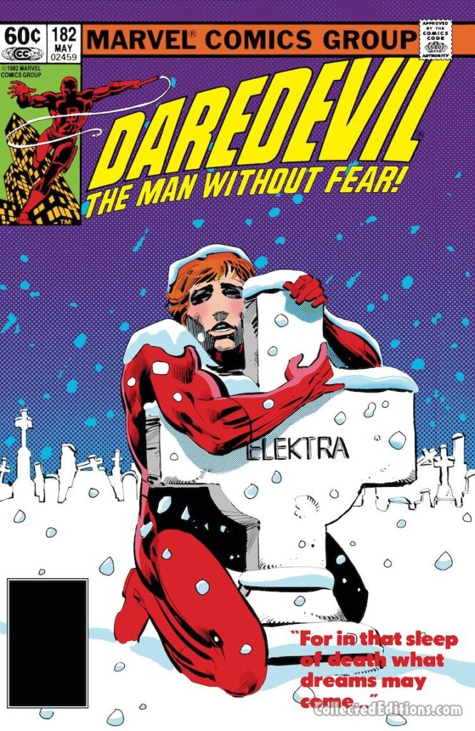 Daredevil #182 cover; pencils, Frank Miller; inks, Klaus Janson, Elektra gravesite, for in that sleep of death what dreams may come