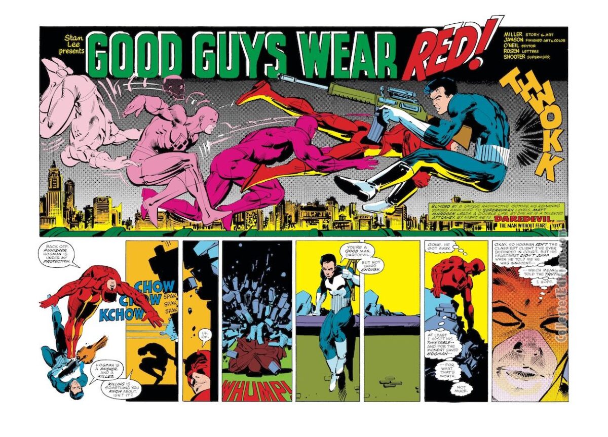 Daredevil #184, pgs. 2-3; pencils, Frank Miller; inks, Klaus Janson; double-page spread, Good Guys Wear Red, Punisher