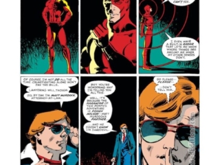 Daredevil #185, pg. 1; layouts, Frank Miller; pencils and inks, Klaus Janson; Matt Murdock, blind lawyer, radar sense