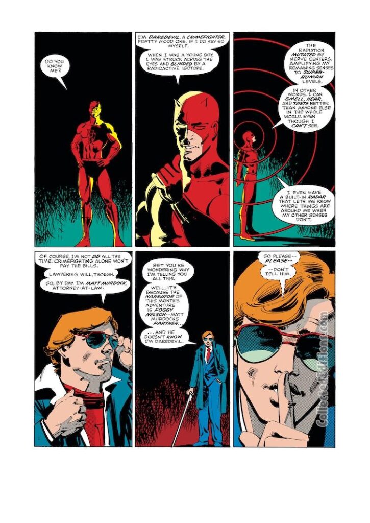 Daredevil #185, pg. 1; layouts, Frank Miller; pencils and inks, Klaus Janson; Matt Murdock, blind lawyer, radar sense