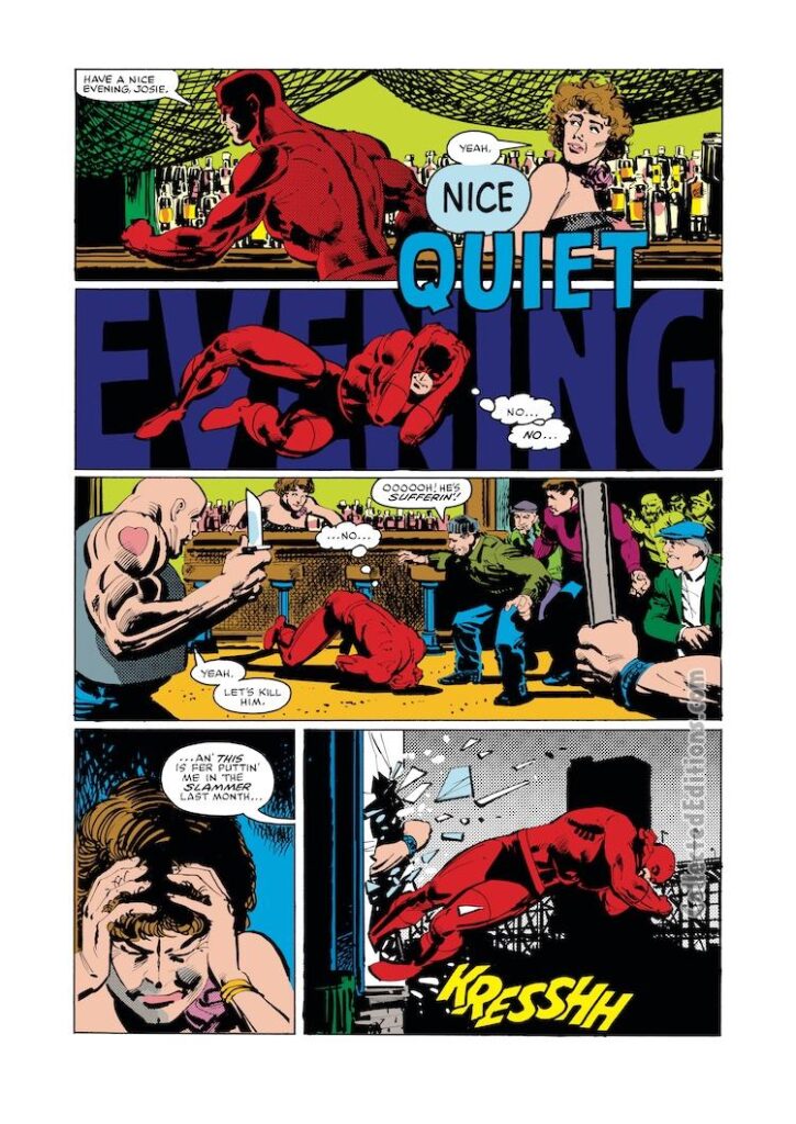 Daredevil #187, pg. 18; layouts, Frank Miller; pencils and inks, Klaus Janson; radar sense, Josie's Bar