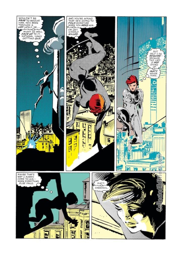 Daredevil #188, pg. 6; layouts, Frank Miller; pencils and inks, Klaus Janson; Black Widow, Natasha Romanoff