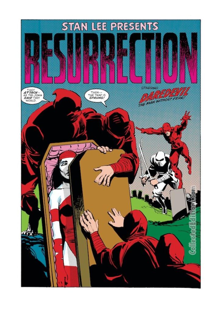 Daredevil #190, pgs. 14-15; layouts, Frank Miller; pencils and inks, Klaus Janson; Stan Lee Presents Resurrection, The Hand, ninjas, Elektra, grave, cemetery