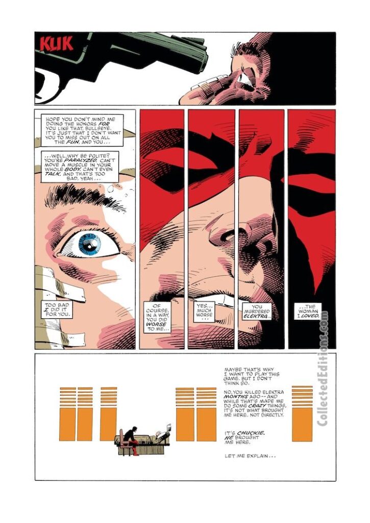 Daredevil #191, pg. 3; pencils, Frank Miller; inks, Terry Austin; Bullseye, hospital, paralyzed, gun