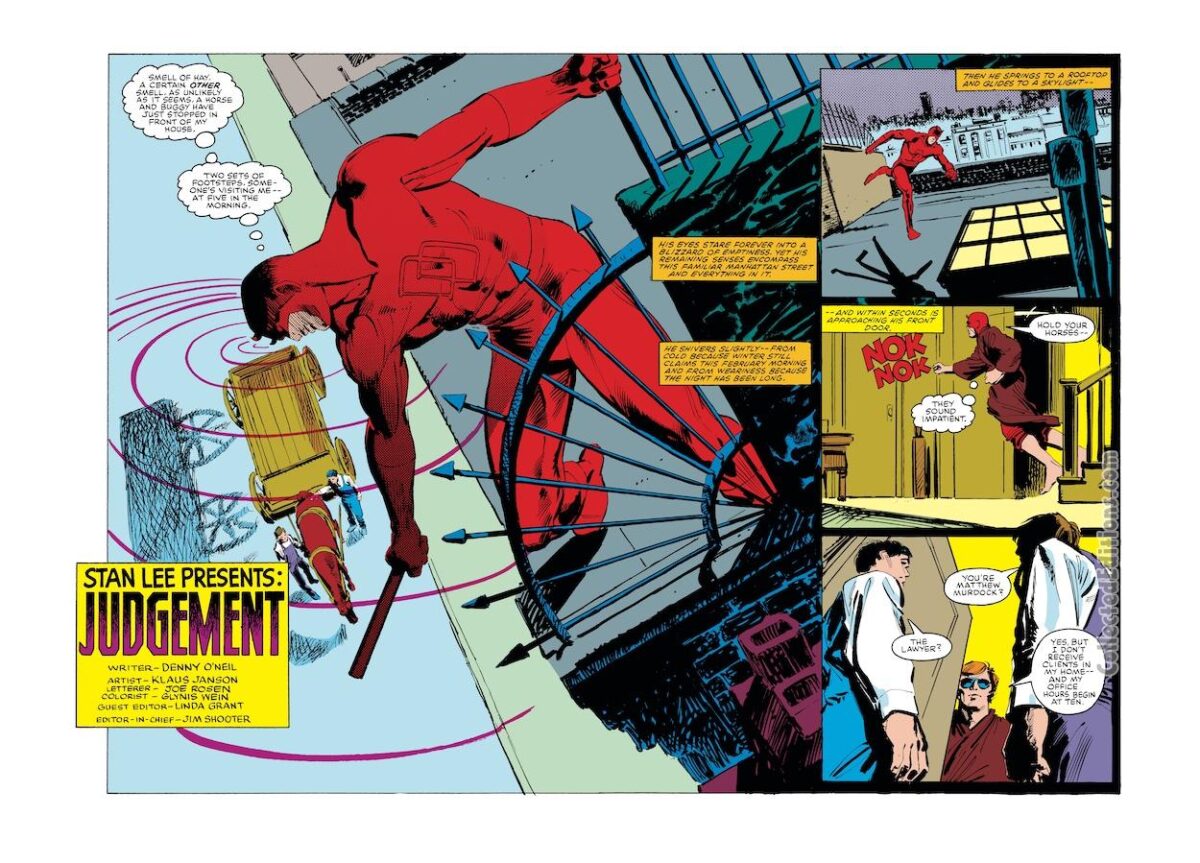 Daredevil #194, pgs. 2-3; pencils and inks, Klaus Janson; Stan Lee Presents Judgement, Denny O’Neil, writer, double-page splash, Matt Murdock