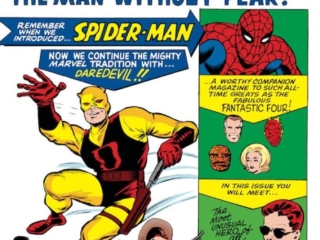 Daredevil #1 cover; pencils, Jack Kirby; inks, Bill Everett; Spider-Man, Fantastic Four, Karen Page, Foggy Nelson, Matt Murdock, first appearance, origin, original yellow costume
