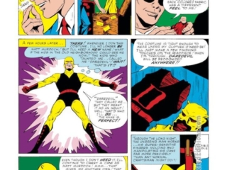 Daredevil #1, pg. 14; pencils and inks, Bill Everett; first appearance, origin, Matt Murdock, blind lawyer, radioactive isotope, original yellow costume, Stan Lee, first issue
