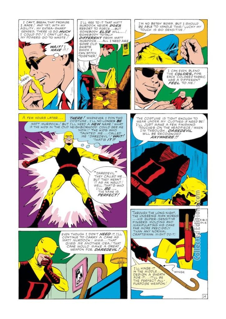 Daredevil #1, pg. 14; pencils and inks, Bill Everett; first appearance, origin, Matt Murdock, blind lawyer, radioactive isotope, original yellow costume, Stan Lee, first issue