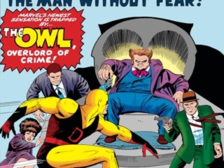 Daredevil #3 cover; pencils, Jack Kirby; inks, Vince Colletta; the Owl, Leland Owlsley, first appearance
