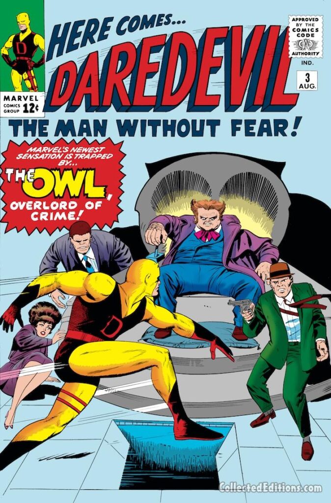 Daredevil #3 cover; pencils, Jack Kirby; inks, Vince Colletta; the Owl, Leland Owlsley, first appearance