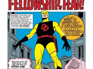 Daredevil #6, pg. 1; pencils and inks, Wally Wood; original yellow costume, Stan Lee, splash page, Wallace Wood, Matt Murdock