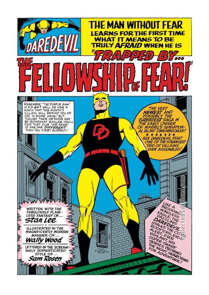 Daredevil #6, pg. 1; pencils and inks, Wally Wood; original yellow costume, Stan Lee, splash page, Wallace Wood, Matt Murdock