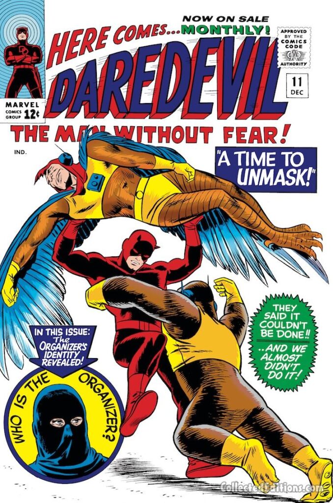 Daredevil #11 cover; pencils, Wally Wood; inks, Stan Goldberg; A Time to Unmask, Who is the Organizer, Ape-Man, Bird-Man