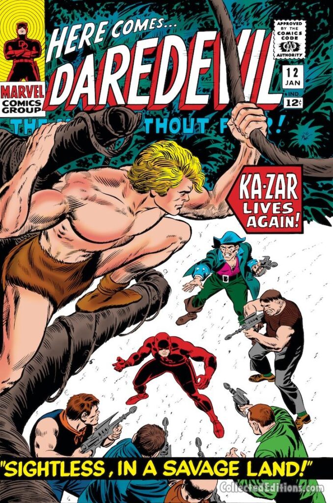 Daredevil #12 cover; pencils and inks, John Romita Sr.; alterations, Vince Colletta; Ka-Zar, Sightless in a Savage Land, The Plunderer, Kevin Plunder