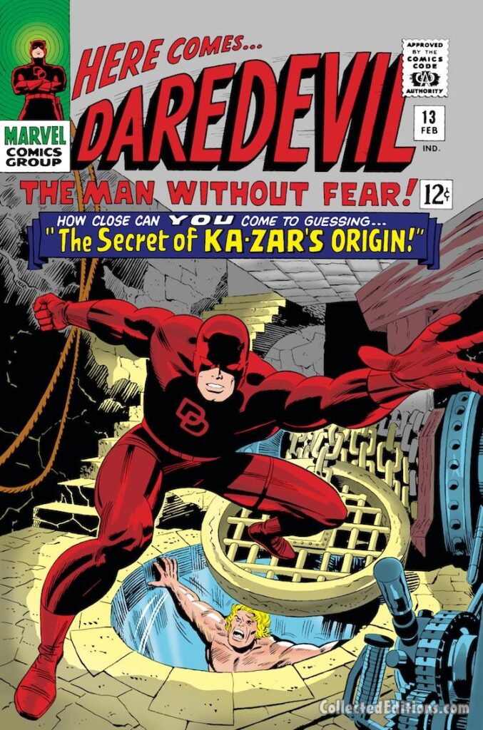 Daredevil #13 cover; pencils, Jack Kirby; inks, John Romita Sr.; The Secret of Ka-Zar&#039;s Origin