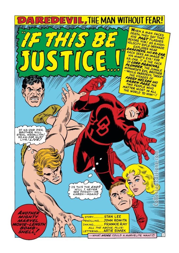 Daredevil #14, pg. 1; pencils, John Romita Sr.; inks, Frank Giacoia; If This Be Justice, Ka-Zar, Stan Lee