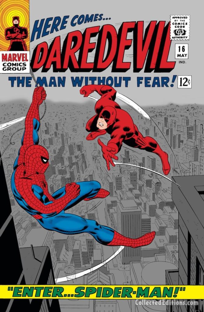 Daredevil #16 cover; pencils, John Romita Sr.; inks, Frank Giacoia; Enter Spider-Man