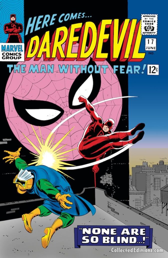 Daredevil #17 cover; pencils, John Romita Sr.; inks, Frank Giacoia; Spider-Man, Masked Marauder