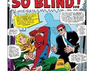 Daredevil #17, pg. 1; pencils, John Romita Sr.; inks, Frank Giacoia; Spider-Man, Foggy Nelson, Karen Page, Matt Murdock, lawyer, None are so Blind, Stan Lee