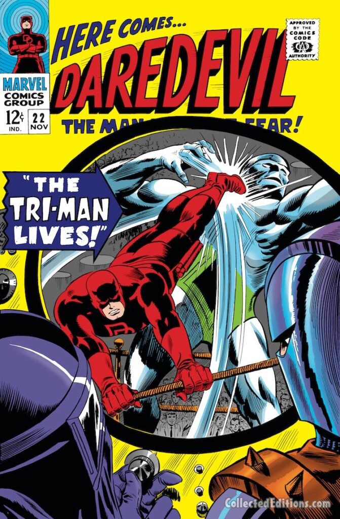 Daredevil #22 cover; pencils, Gene Colan; inks, Frank Giacoia; The Tri-Man, Tri-Android