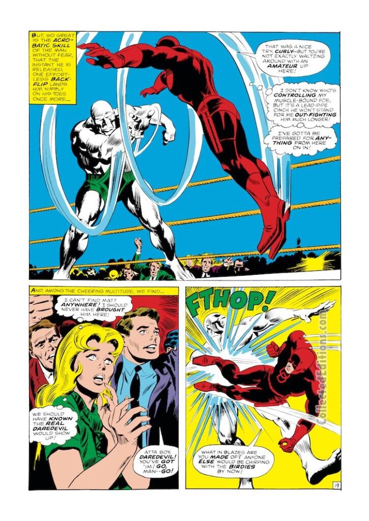 Daredevil #22, pg. 19; pencils, Gene Colan; inks, Dick Ayers, Frank Giacoia; Tri-Android, Karen Page, Foggy Nelson, boxing ring