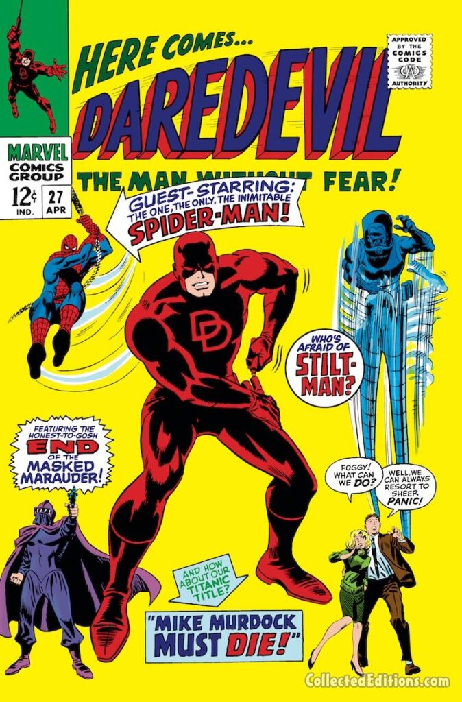 Daredevil #27 cover; pencils, Gene Colan; inks, Frank Giacoia; Spider-Man, Stilt-Man, Masked Marauder, Foggy Nelson, Karen Page