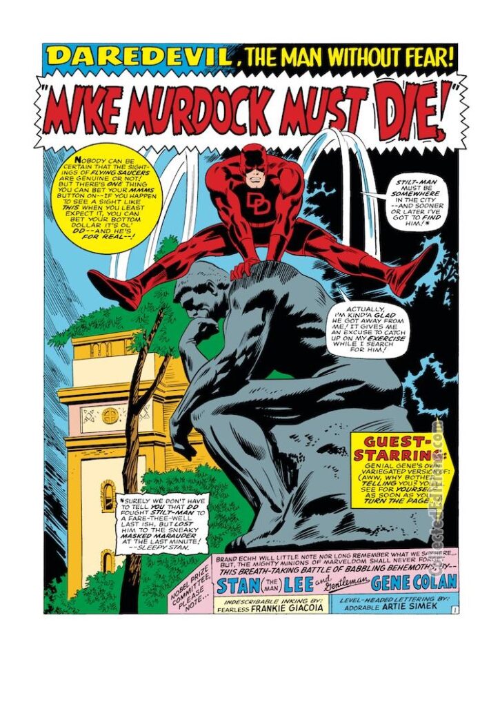 Daredevil #27, pg. 1; pencils, Gene Colan; inks, Frank Giacoia; Mike Murdock Must Die, Stan Lee splash page, Marvel
