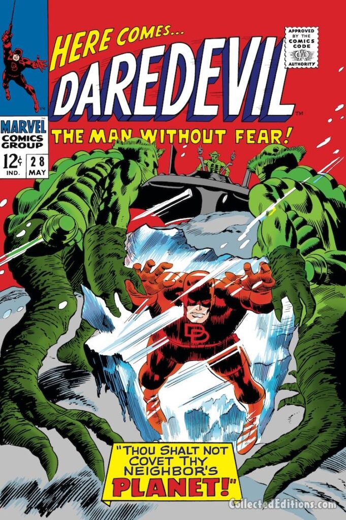 Daredevil #28 cover; pencils, Gene Colan; inks, Frank Giacoia; Thou Shalt Not Covet Thy Neighbor's Planet