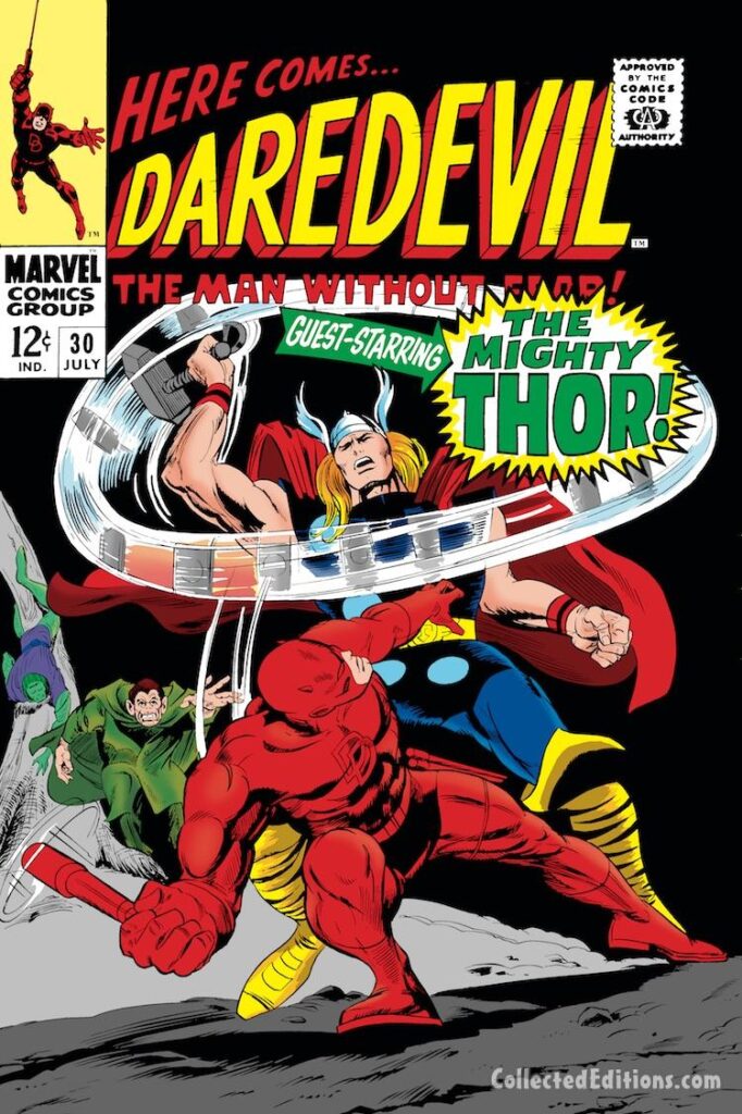 Daredevil #30 cover; pencils, Gene Colan; inks, John Tartaglione; Guest-Starring the Mighty Thor, Cobra, Mr. Hyde