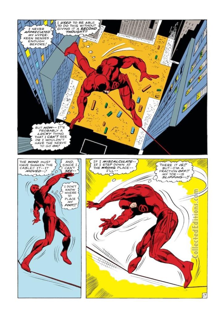 Daredevil #31, pg. 16; pencils, Gene Colan; inks, John Tartaglione; tightrope, New York City, Marvel