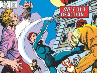 Daredevil #201 cover; pencils and inks, John Byrne; DD Is Out of Action but the Black Widow Is Back