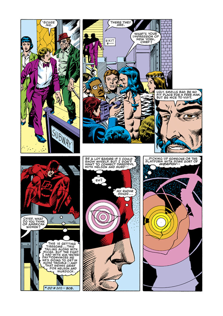 Daredevil #204, pg. 3; pencils, Luke McDonnell; inks, Danny Bulanadi; Matt Murdock, Micah Synn