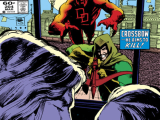 Daredevil #204 cover; pencils and inks, Bill Sienkiewicz; Matt Murdock, Crossbow, He Aims to Kill, Micah Synn, Debbie Harris