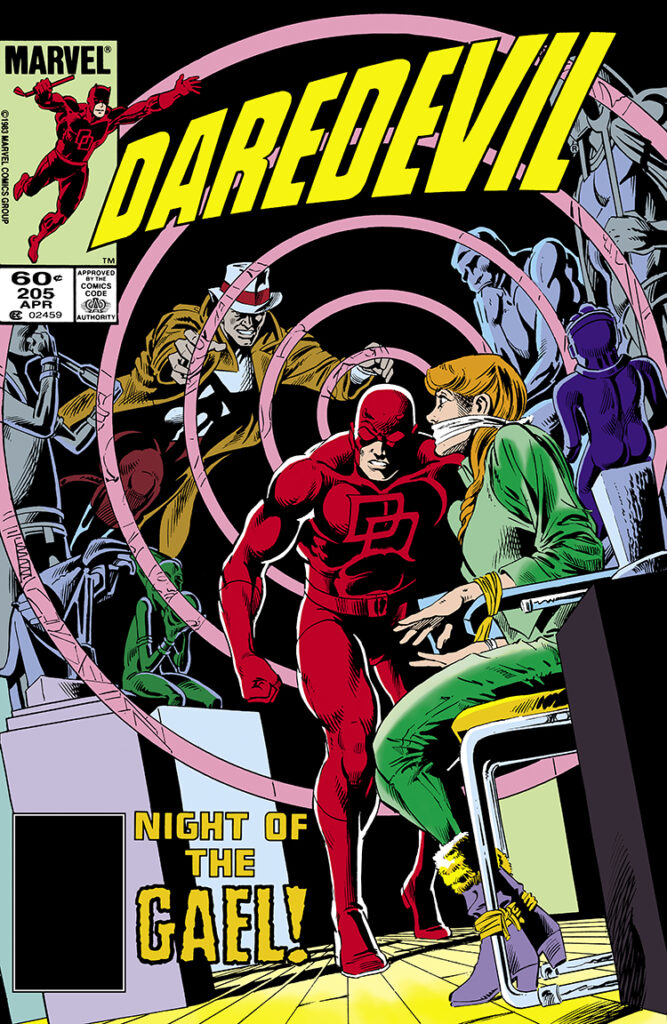 Daredevil #205 cover; pencils, William Johnson; inks, uncredited; Night of the Gael, Glorianna O’Breen, Matt Murdock, radar sense