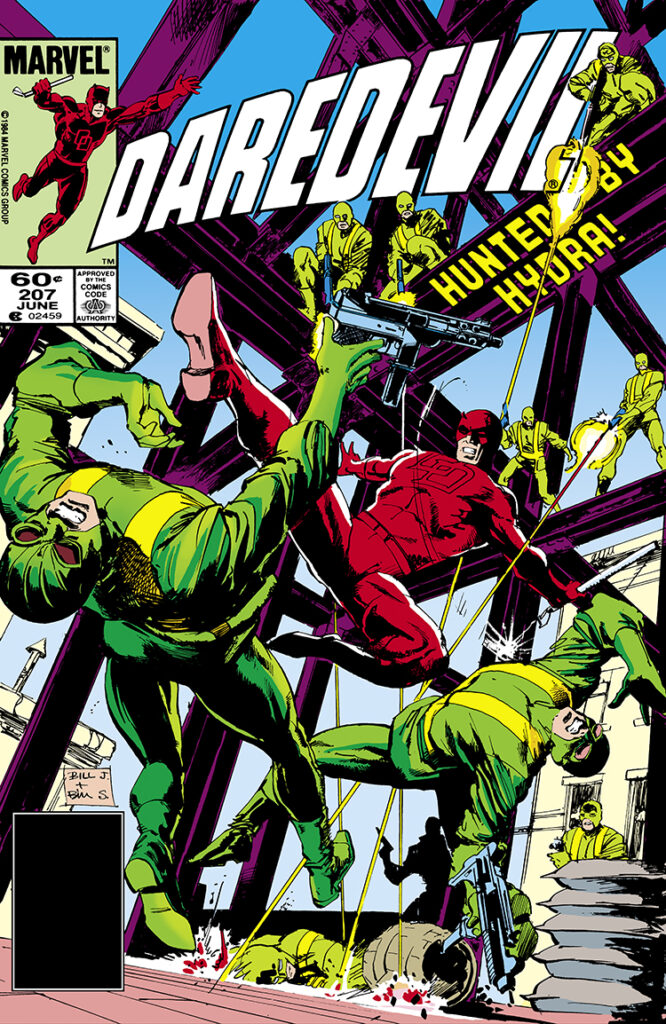 Daredevil #207 cover; pencils, William Johnson; inks, Bill Sienkiewicz; Matt Murdock, Hunted by Hydra